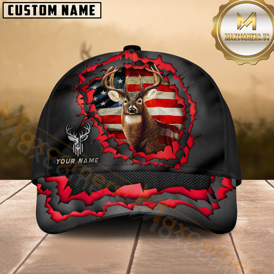 Maxcorners American Flag Deer Hunter  Torn Design Multicolor Options Personalized Name 3D Cap