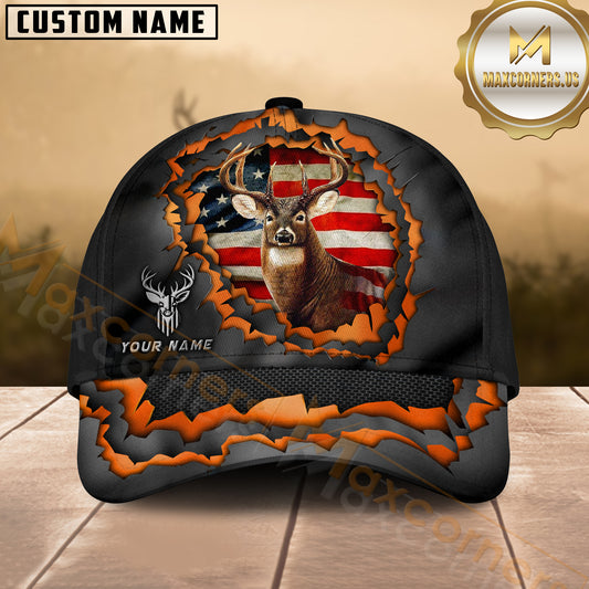 Maxcorners American Flag Deer Hunter  Torn Design Multicolor Options Personalized Name 3D Cap