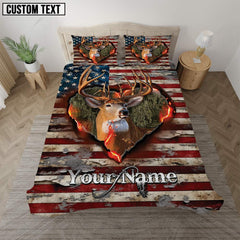 Maxcorners Buck Deer American Flag Rustic Burning Heart Cut-Out Personalized Name Bedding Set 3D All Over Printed