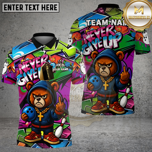 Maxcorners Bowling Bear Never Give Up Graffiti Multicolor Options Personalized Name, Team Name 3D Shirt (4 Colors)
