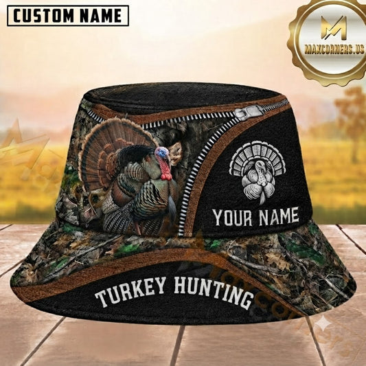 Maxcorners Turkey Hunting Zipper Woodland Camouflage Black Brown Personalized Name 3D Bucket Hat