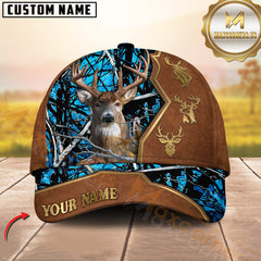 Maxcorners Deer Buck Camo Leather Golden Antler Icons Multicolor Options Personalized Name 3D Cap