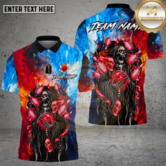 Maxcorners Bowling Ice Fire Grim Reaper Skull Art Multi Options Personalized Name, Team Name Unisex 3D Shirt (4 Colors)