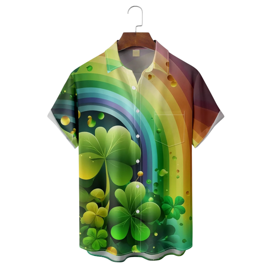 Maxcorners Rainbow St. Patrick's Day Fantasy Lucky Four-Leaf Clover Hawaiian Golf Shirt, Tropical Vibe Men's Golf Shirt