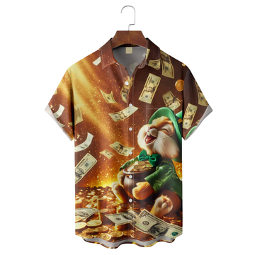 Maxcorners St Patrick‘s Day Shamrock Gold Coins US Dollars Easter Bunny Hawaiian Golf Shirt, Men's Golf Shirt