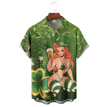 Maxcorners Green St. Patrick's Day Luck By Alice Meow Hawaiian Golf Shirt, Tropical Vibe Men's Golf Shirt
