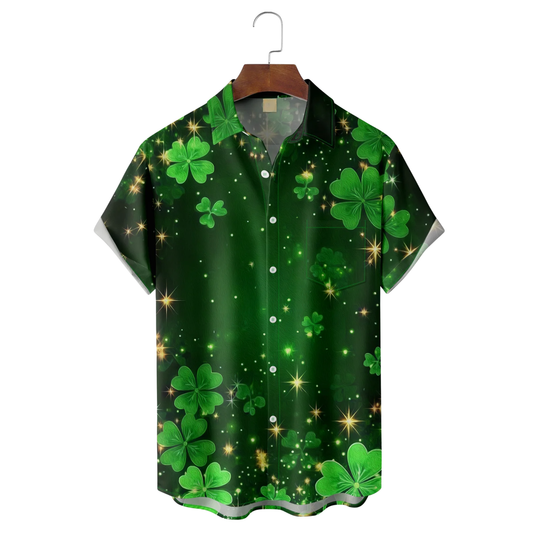 Maxcorners St. Patrick's Day Four Leaf Clover Green Art Hawaiian Golf Shirt, Tropical Vibe Men's Golf Shirt