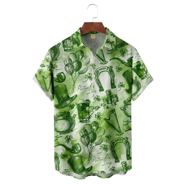 Maxcorners Green St. Patrick's Day Lucky Clover Gold Coins Beer Hawaiian Golf Shirt, Tropical Vibe Men's Golf Shirt