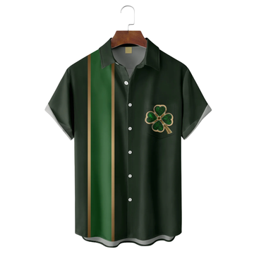 Maxcorners St. Patrick's Day Four Leaf Clover Black Dark Green Hawaiian Golf Shirt, St Paddy's Day Tropical Vibe Men's Golf Shirt