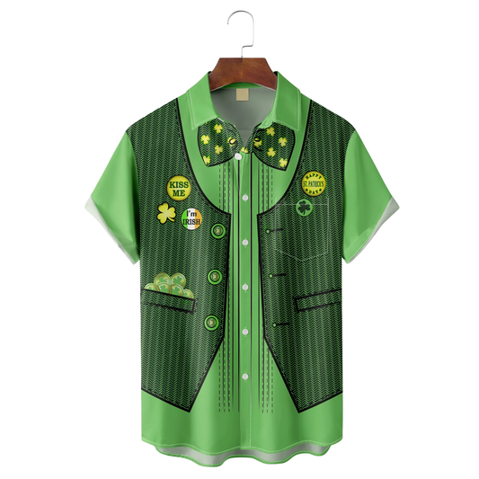 Maxcorners Green St. Patrick's Day Lucky Clover Gold Coins Hawaiian Golf Shirt, Tropical Vibe Men's Golf Shirt
