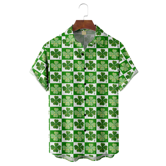 Maxcorners Green St. Patrick's Day Lucky Clover Lucky Grid Hawaiian Golf Shirt, St Paddy's Day Tropical Vibe Men's Golf Shirt