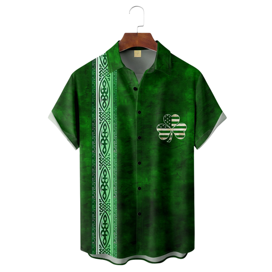 Maxcorners Green St. Patrick's Day Lucky Clover America Flag Print Hawaiian Golf Shirt, Tropical Vibe Men's Golf Shirt