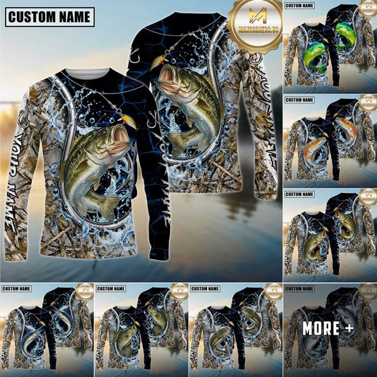 Maxcorners Fishing Hook Water Splash Camouflage Personalized Name 3D Long Sleeve Shirt ( 13 Fish Species)
