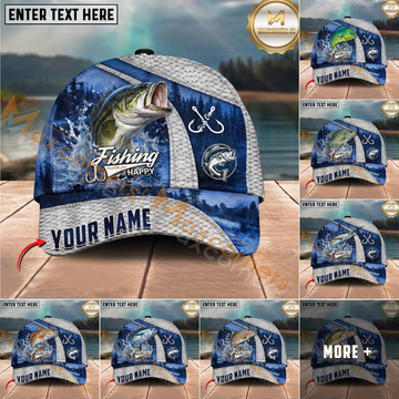 Maxcorners Fishing  Splash Water Fish Scale Lake View Personalized Name 3D Cap (12 Fish Species)