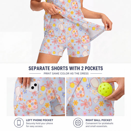 Maxcorners Pickleball Sleeveless Zipper Sports Dress Set Pastel Blue Floral Perfume Bottle Print