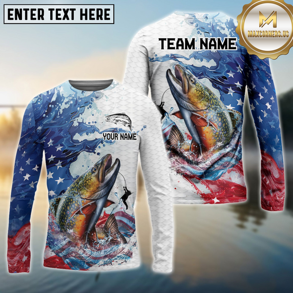 Maxcorners Trout Fishing Patriotic American Flag Wave White Skin Custom Name & Team Name 3D Shirts TU1807