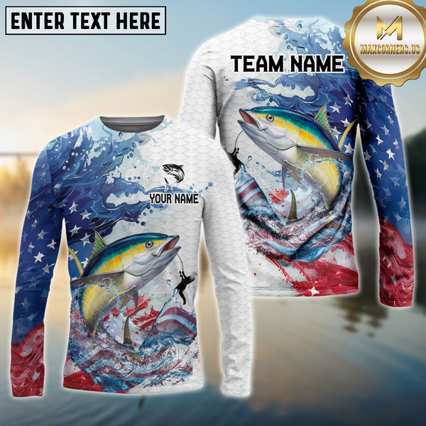 Maxcorners Tuna Fishing Patriotic American Flag Wave White Skin Custom Name & Team Name 3D Shirts TU1807