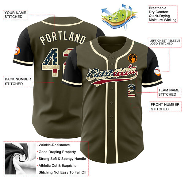 Maxcorners Custom Black Old Gold 3D American Flag Skull Patriotic Premium Baseball Jerseys LM0210