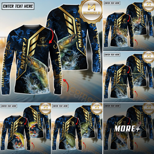 Maxcorners Freshwater Fish Fishing Gold Smoke Premium Sport Style Personalized Name, Team Name Long Sleeve Shirt (6 Breeds)