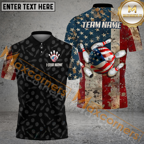 Maxcorners US Vintage Flag Bowling Jersey Customized Name, Team Name 3D Polo Shirt