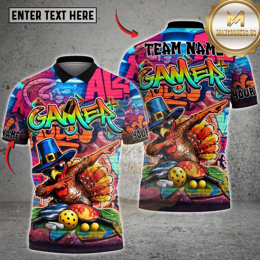Maxcorners Pickleball Dabbing Turkey Graffiti Gamer Style Paddle Ball Personalized Name 3D Unisex Shirt