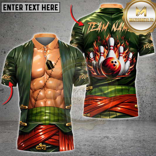 Maxcorners Bowling Anime Swordsman Muscle Costume Flaming Bowling Strike Personalized Name 3D Unisex Shirt