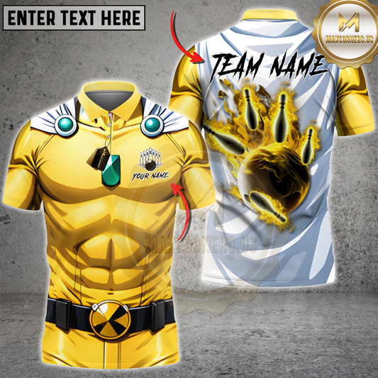 Maxcorners Bowling Anime Hero Gold Power Suit Flaming Bowling Strike Personalized Name 3D Unisex Shirt