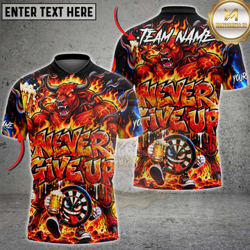 Maxcorners Darts Fierce Angry Bull Character Never Give Up Graffiti Darts Dartboard Holding Beer Mug Flame Aura Multi Options Personalized Name, Team Name Unisex 3D Shirt (5 Colors)