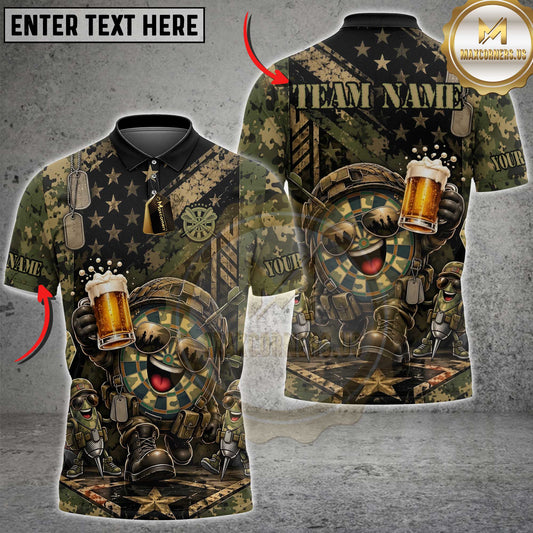 Maxcorners Darts Funny Military Veteran Dartboard Character Holding Beer Mug Helmet Camouflage Dog Tags US Flag Multi Options Personalized Name, Team Name Unisex 3D Shirt (3 Colors)