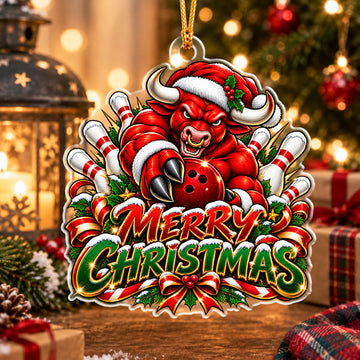 Maxcorners Bowling Strong Muscular Bull Santa Claus Holding Bowling Ball Crashing Pins Merry Christmas Holly Wreath Ribbon Christmas Ornament