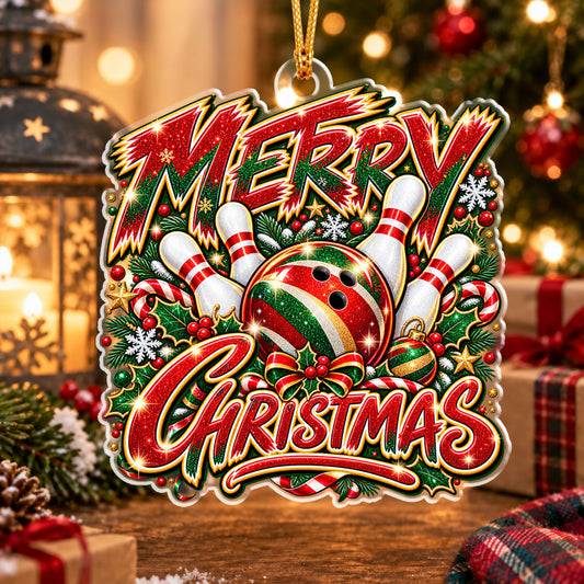 Maxcorners Bowling Glitter Sparkle Merry Christmas Calligraphy Text Bowling Ball Crashing Pins Holly Leaves Pine Wreath Christmas Ornament