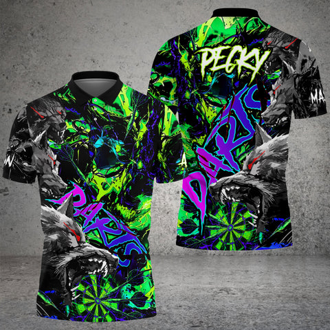 Maxcorners Darts Shirt Wolf Design Dark Graffiti Style Customized Name, Team Name 3D Shirt For Pecky