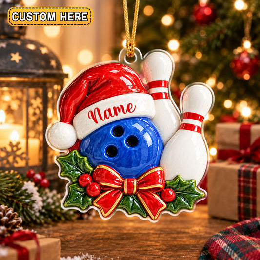Maxcorners Bowling Ball Wearing Santa Hat Personalized Name Bowling Pins Holly Leaves Bow Ribbon Personalized Christmas Ornament