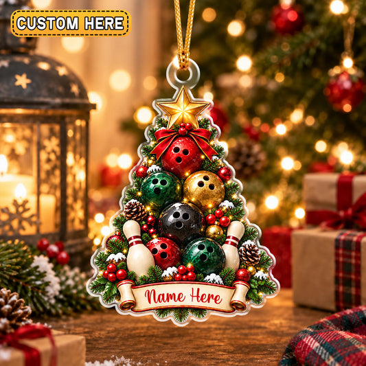 Maxcorners Bowling Christmas Tree Shape Stacked Bowling Balls Pins Star Top Bow Ribbon Holly Berries Pinecone Personalized Christmas Ornament