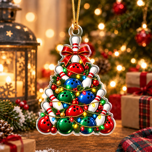 Maxcorners Bowling Pine Tree Shaped Stacked Bowling Balls Pins String Lights Star Top Bow Ribbon Holly Berries Christmas Ornament