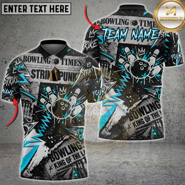 Maxcorners Bowling Punk Rock Newspaper Collage Newspaper Print Graffiti Splatter Lightning Bowling Ball Strike Crashing Pins Multi Options Personalized Name, Team Name Unisex 3D Shirt (4 Colors)