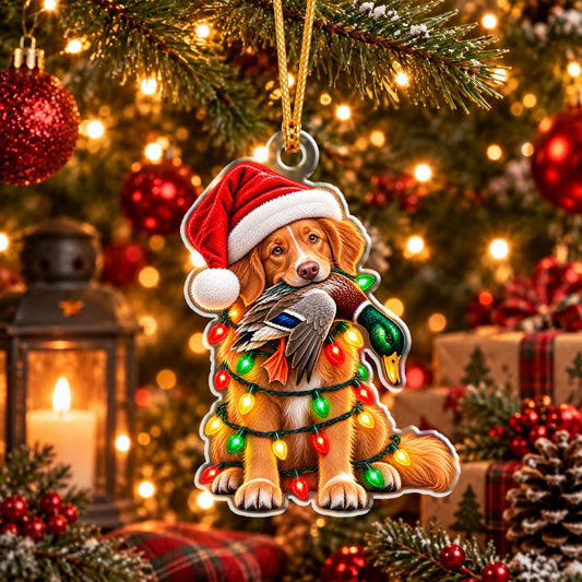 Maxcorners Hunting Cute Hunting Dog Wearing Santa Hat Holding Wild Waterfowl Prey Wrapped in String Lights Christmas Ornament