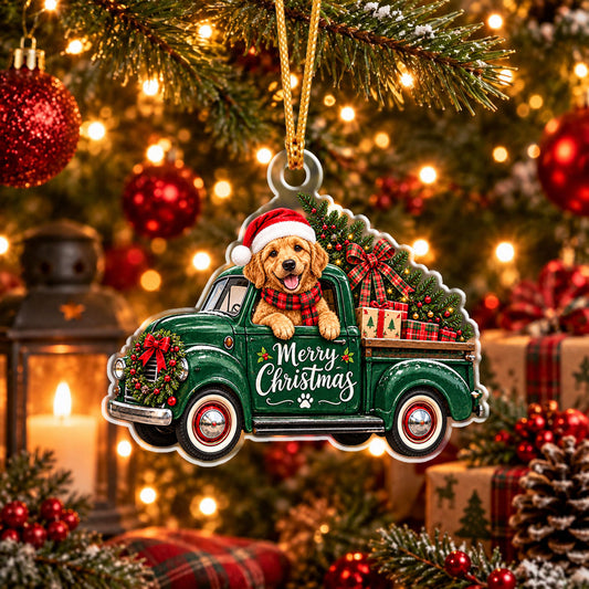 Maxcorners Hunting Cute Hunting Dog Wearing Santa Hat Scarf Driving Vintage Pickup Truck Carrying Xmas Tree Gift Boxes Wreath Merry Christmas Paw Christmas Ornament