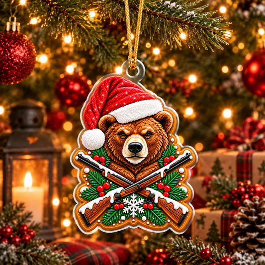 Maxcorners Wildlife Hunting Wild Forest Animal Head Wearing Santa Hat Crossed Rifles Holly Berries Snowflake Pine Wreath Christmas Ornament