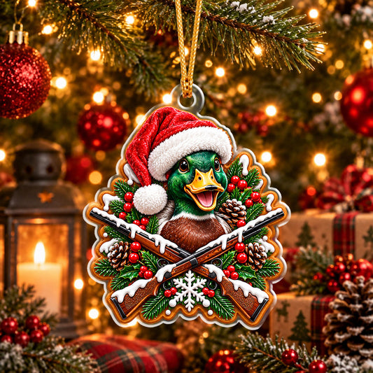 Maxcorners Waterfowl Hunting Wild Waterfowl Bird Wearing Santa Hat Crossed Rifles Pinecone Holly Berries Snowflake Christmas Ornament