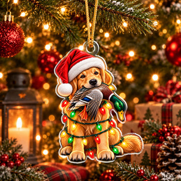 Maxcorners Loyal Hunting Dog Wearing Santa Hat Holding Waterfowl Prey Wrapped in Christmas Lights Christmas Ornament