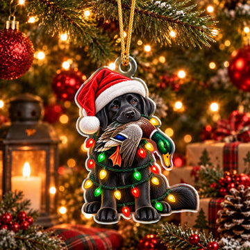 Maxcorners Hunting Puppy Dog Wearing Santa Hat Holding Wild Bird Prey Wrapped in String Lights Christmas Ornament