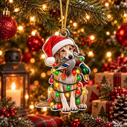 Maxcorners Hunting Pet Dog Wearing Santa Hat Holding Wild Waterfowl Catch Wrapped in String Lights Christmas Ornament