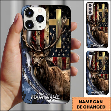 Maxcorners Elk Hunting Christian Cross American Flag Patriotic Wildlife Multiple Options Personalized Name Phone Case