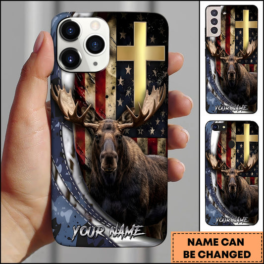 Maxcorners Moose Hunting Christian Cross American Flag Patriotic Wildlife Multiple Options Personalized Name Phone Case