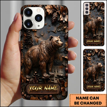 Maxcorners Bear Wildlife Rustic Wood Carving Forest Art Multiple Options Personalized Name Phone Case