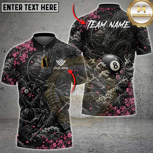 Maxcorners Billiards 8 Ball Japanese Samurai Dragon Pink Cherry Blossom Multi Options Personalized Name, Team Name Unisex 3D Shirt (5 Colors)