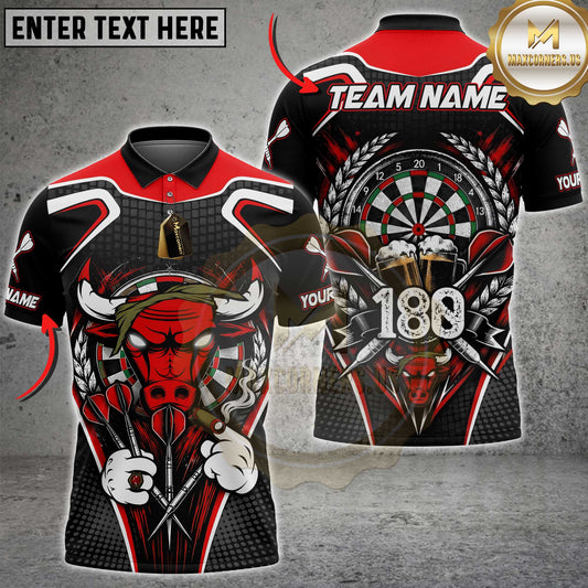 Maxcorners Darts Polo Shirt Angry Bull Mascot Cigar Beer Mugs High Score 180 Wheat Ears Target Board Multi Options Personalized Name, Team Name Unisex 3D Shirt (7 Colors)