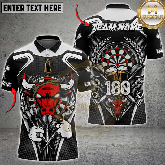 Maxcorners Darts Polo Shirt Angry Bull Mascot Cigar Beer Mugs High Score 180 Wheat Ears Target Board Multi Options Personalized Name, Team Name Unisex 3D Shirt (7 Colors)