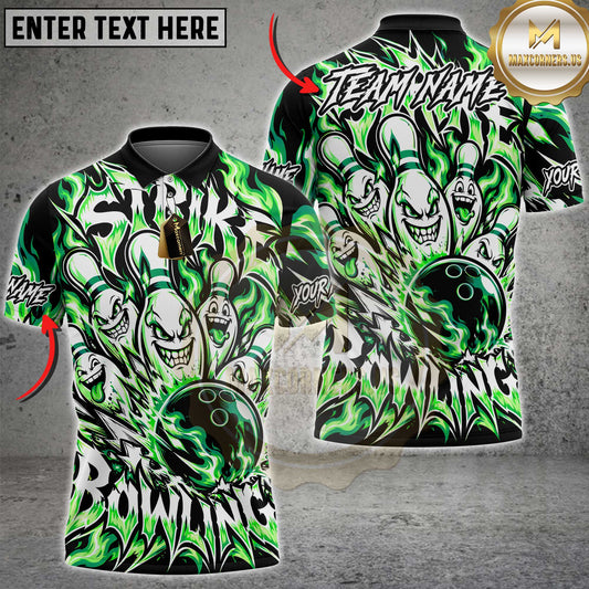 Maxcorners Bowling Polo Shirt Crazy Evil Expressive Face Pins Ball Strike Flaming Fire Graphic Text Multi Options Personalized Name, Team Name Unisex 3D Shirt (5 Colors)